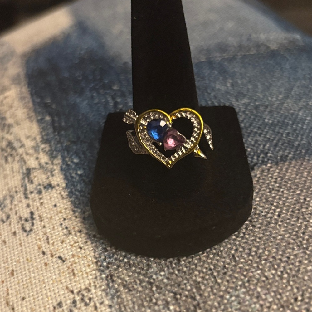 Heart Arrow Gemstone Ring with Blue and Pink Stones